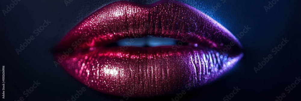 Poster A close-up view of glossy lips showcasing a vibrant, shiny finish with a captivating gradient in a dark setting. Generative AI