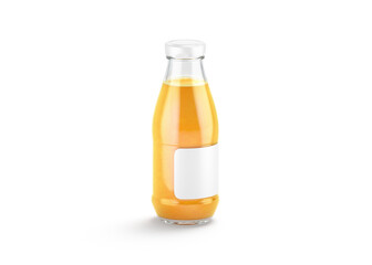 Blank transparent glass juice bottle with white label mockup