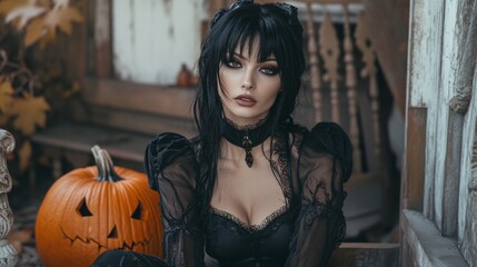Obraz premium Dark Gothic Halloween Aesthetic with Pumpkins and Mysterious Girl