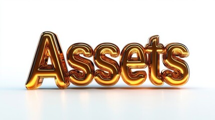 Golden "Assets" Text in 3D Design on White Background - Symbolizing Wealth, Investment, and Financial Success in Modern Stock Photography
