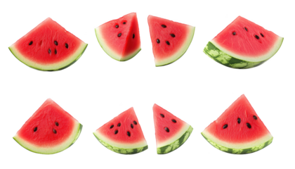 Delicious watermelon slices arranged artistically on a bright white background