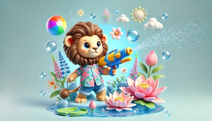 Naklejka premium Baby lion holding a water gun