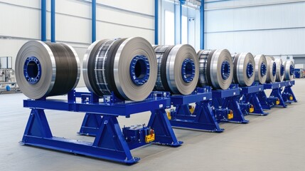 Fototapeta premium A collection of substantial rolls made from steel and aluminum is positioned on stands inside a modern warehouse, awaiting processing into various shapes and plates