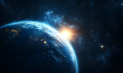 graphics of space, planets, and astronauts on a white background.