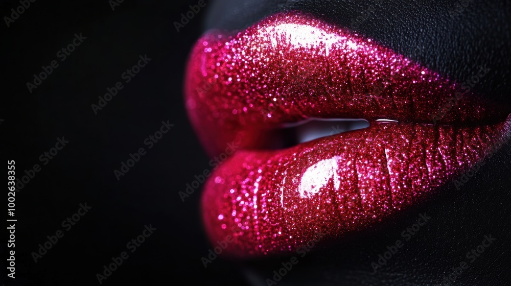 Poster close-up of glossy lips showcasing a vibrant finish that radiates allure and style in a dramatic dar