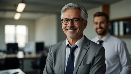 Smiling gray-haired professional at the workplace.