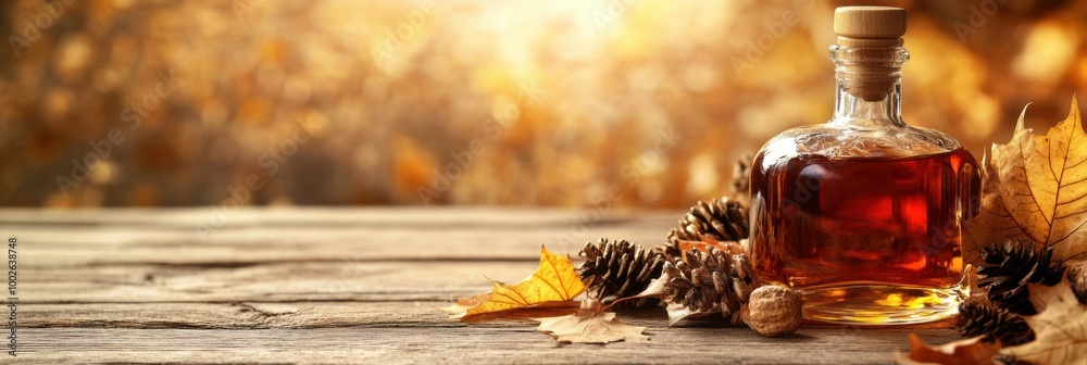 Poster a close-up view of a whiskey bottle surrounded by autumn leaves and pinecones on a rustic wooden tab