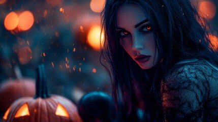Dark Gothic Halloween Aesthetic with Pumpkins and Mysterious Girl