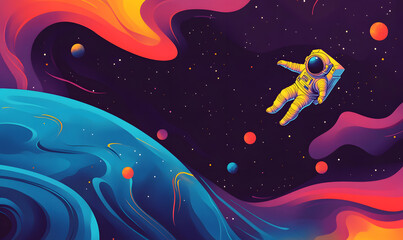 Fototapeta premium graphics of space, planets, and astronauts on a white background.
