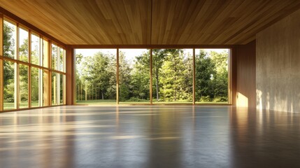 Fototapeta premium Modern Empty Hall Overlooking Scenic Nature - Ideal for Events and Gatherings