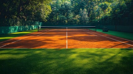 Obraz premium Vibrant Clay Tennis Court Amidst Lush Green Foliage and Sunlit Scenery