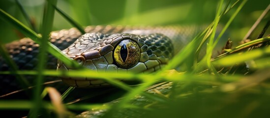 Close-up of a Snake's Eye in Lush Grass