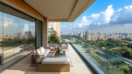 Obraz premium A sleek, modern balcony with glass railings, minimalistic furniture, and an unobstructed view of a vibrant city skyline