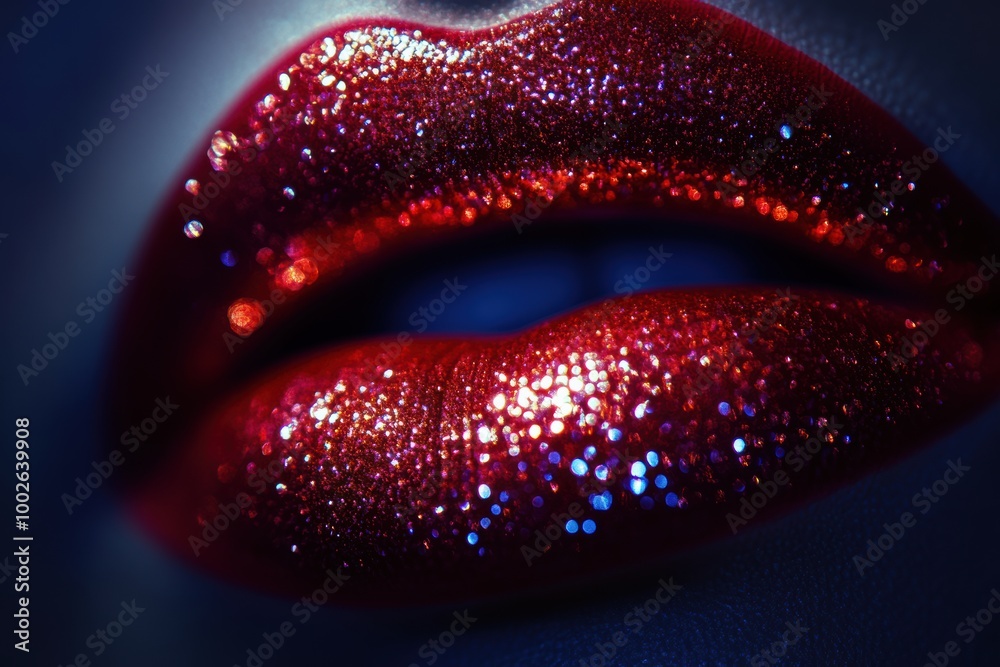 Aufkleber Glossy and vibrant close-up of shiny lips with sparkling red finish in a stylized setting during evening hours. Generative AI