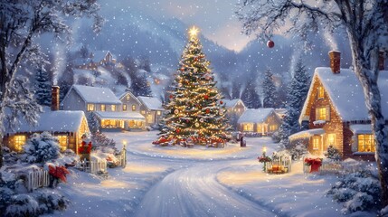 A snowy village scene with a large Christmas tree in the center, surrounded by warmly lit homes and holiday decorations