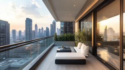 A sleek urban balcony with glass railings, minimalist furniture, and a panoramic view of a bustling city skyline