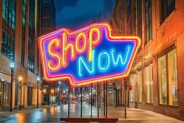 Retro-style neon Shop Now sign glowing in classic colors, ideal for timeless shopping promotions.