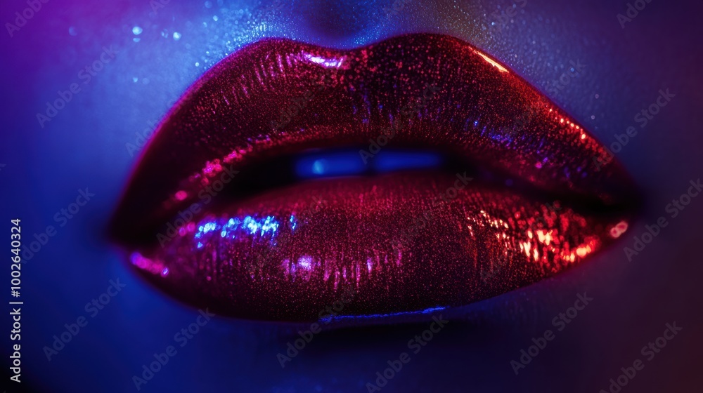 Poster close-up view of glossy vibrant lips glowing with shiny finish under dramatic lighting. generative a
