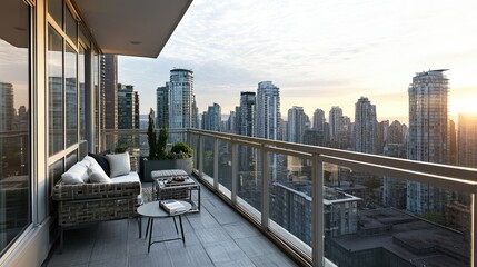 A sleek urban balcony with glass railings, modern metal furniture, and an open view of the city skyline