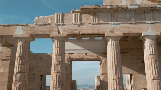 Columns of Propylaea of the Athenian Acropolis in Athens, Greece. Ancient Greek architecture. Popular travel destination