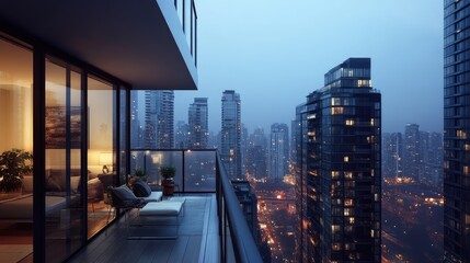 A sleek urban balcony with minimalist furniture, glass railings, and soft lighting for a stylish cityscape view
