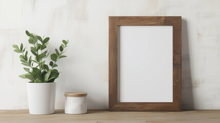 wooden frame stands beside potted plant and small container on wooden surface, creating serene and minimalist decor. empty frame invites creativity and personalization.