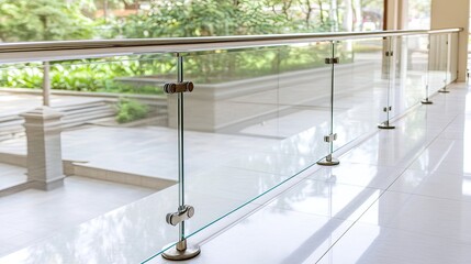 A sleek glass railing lines a spacious interior area, creating an elegant boundary while allowing light and views of the lush greenery outside during the day