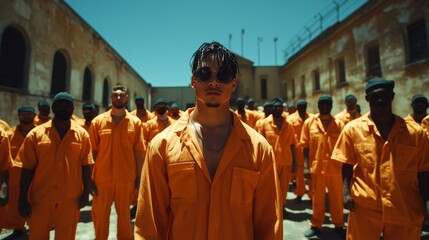 Prisoner in the Spotlight: A captivating image of a young man in an orange prison jumpsuit, standing defiantly before a crowd of fellow inmates within the stark walls of a prison courtyard.