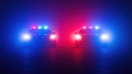 Police cars with flashing lights in a foggy environment