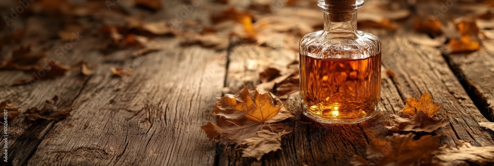 Poster Captivating close-up of a whiskey bottle resting on a rustic wooden table surrounded by autumn leaves in warm lighting. Generative AI