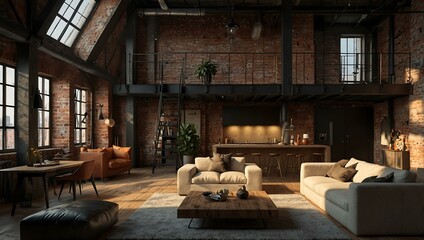 Spacious urban loft interior.