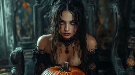 Obraz premium Dark Gothic Halloween Aesthetic with Pumpkins and Mysterious Girl