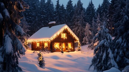 A snowy landscape with a cozy cabin glowing from within, decorated with Christmas lights and surrounded by snow-covered trees