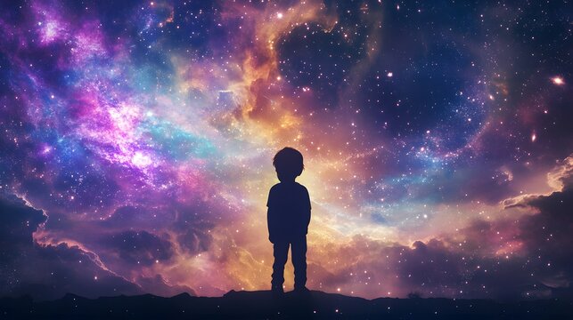 A silhouette of a child standing under a vibrant cosmic sky filled with stars and colorful nebula, symbolizing wonder and imagination.