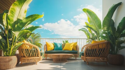 Obraz premium with rattan furniture, vibrant cushions, and large leafy plants under a bright blue sky