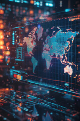 Obraz premium AI Global economic, A detailed digital world map emphasizing economic indicators with floating hologram annotations. The scene is set in a high-tech environment with screens