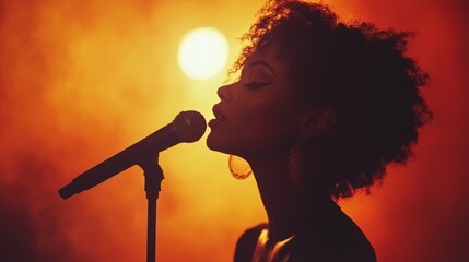 Silhouette of a Female Singer: An ethereal silhouette of a female vocalist against a captivating backdrop of warm, amber stage lights, microphone in hand.