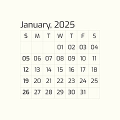 2025 January Year all months calendar Single Page corporate wall 2025 12 months calendar template, Professional style.