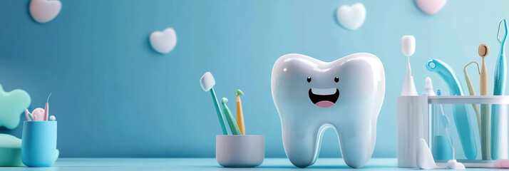 White healthy tooth and dental instruments on the table. 3D illustration. Horizontal banner. Free space for text. Dental health concept. Dentist day. Stomatology Day. Children's Dental Health Month