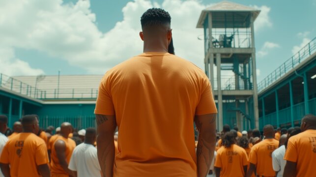 Contemplation in Orange: A lone figure, back to the camera, stands amidst a crowd of inmates in a prison yard. The image evokes themes of reflection, incarceration, and the human condition.