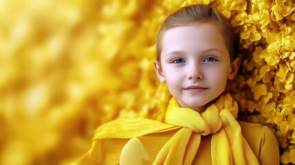Portrait of a beautiful smiling girl with a yellow scarf against the background of yellow flowers. Childhood Cancer Day. Horizontal banner. Free space for text. Treatment of sick children concept