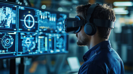 VR in engineering,  Focused aerospace engineer in a sleek laboratory, donning VR gear while seamlessly interacting with 3D flight dynamics models and real-time graphs. The
