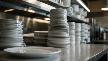 Stacking clean white plates in a restaurant kitchen.