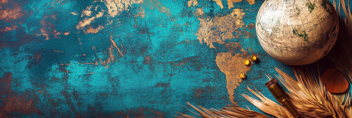 Globe and telescope against the background of a world map, blue background. World Anthropology Day. Horizontal banner. Copy space. Darwin Day. Science Day. Celebrating Cultures