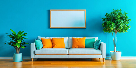 Stylish living room interior of modern apartment with white sofa, potted plants and mockup of blank white canvas picture poster frame on the wall. Modern home interior design decor Blue background