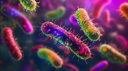 Fototapeta premium A colorful array of bacteria floating in an animated, dynamic background