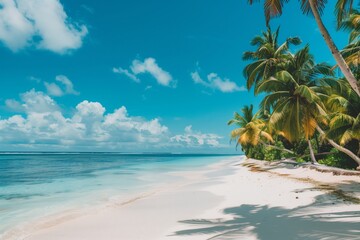 A palm tree is on a beach with a clear blue sky