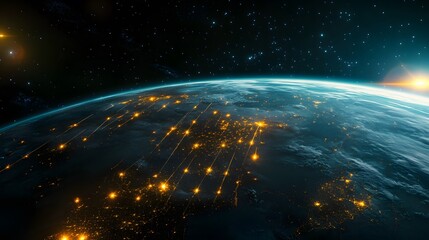 Obraz premium A stunning view of the Earth from space during sunrise, showing city lights and global connectivity under the vast stars..