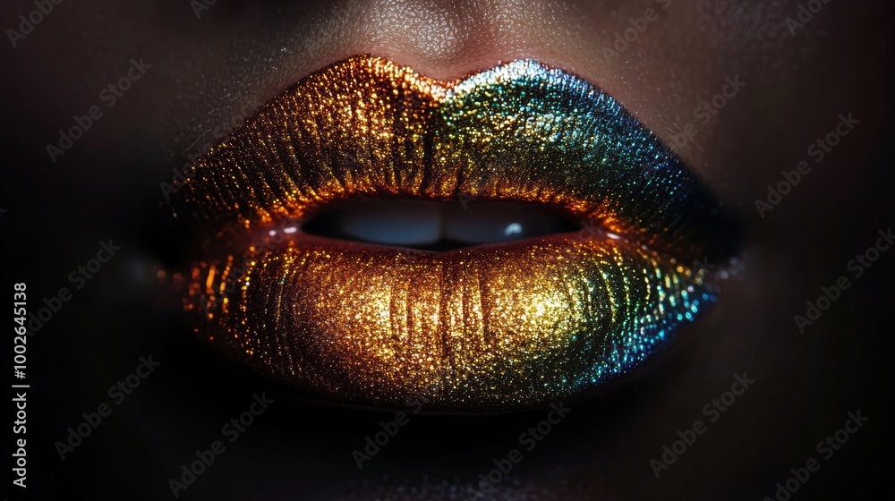 Poster close-up of glossy lips with a vibrant, shiny finish showcasing an artistic blend of colors under so