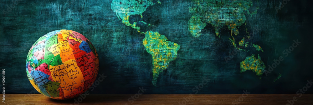 Wall mural a multi-colored globe with words in different languages against the background of a world map. inter